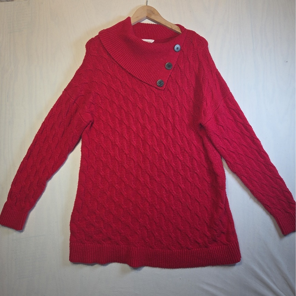 Westbound Women's L Red Cable Knit Pullover Sweater Asymmetrical Button Collar